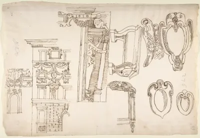 Palazzo Capodiferro (Spada), partial elevation, details; Santa Trinità dei Monti, Orsini Chapel, frame, elevation; various details, perspective (recto) blank (verso)
