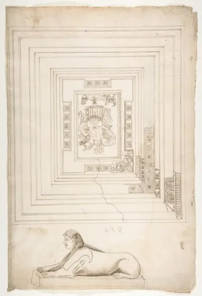 Palazzo dei Conservatori, coffered ceiling, ceiling plan and details; Sphinx, perspective view (recto) blank (verso)