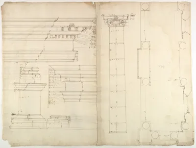 Palazzo dei Conservatori, portico, plan; façade cornice, elevation; minor order, cornice; column, elevation; pedestal, elevation (recto); Palazzo dei Conservatori, portal, elevation; section (verso)