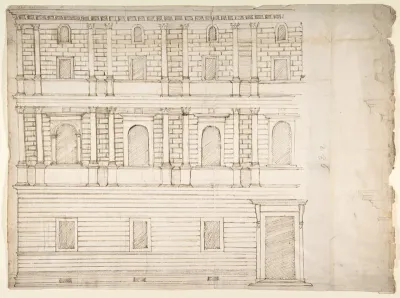 Palazzo Giroud Torlioni, elevation, cornice details (recto); Calculation table (verso)