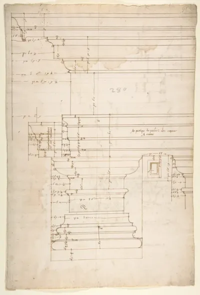 Palazzo Massimo alle Colonne, entablature, elevation (recto); Portico, Doric capital and entablature, elevation and Unknown, Corinthian cornice, elevation (verso)