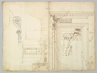 Palazzo Massimo alle Colonne, portico, elevation; portal, cornice, section; portal bracket, detail; fireplace, detail