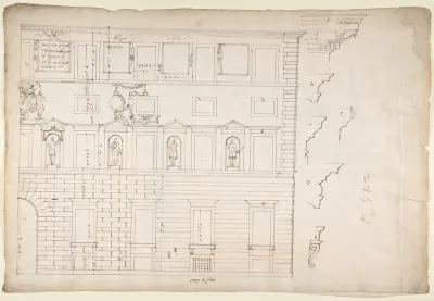 Palazzo Spada (Capodiferro), right half, elevation; details profiles (recto) Wall, interior, elevation; ceiling, interior, plan (verso)