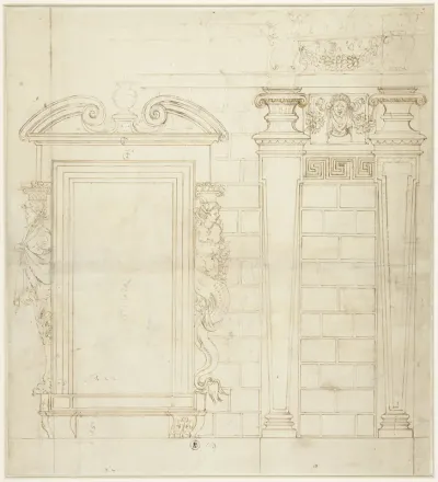 Paleisfaçade met monumentale zuilenstelling boven rustica onderbouw