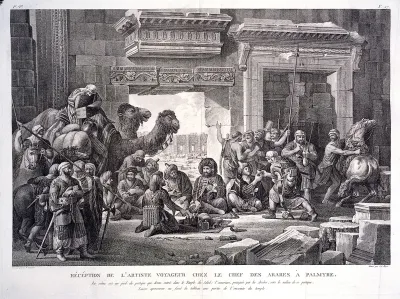 Palmyra, Syria: Louis-François Cassas, received by an Arab chief in the temple of Bel, offers him bottles of liquids and pistols