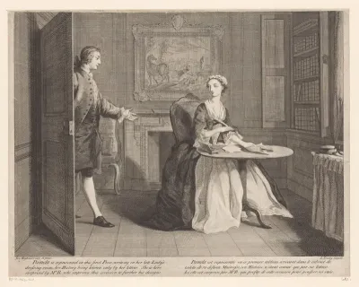 Pamela schrijvend in de kleedkamer van haar meesteres