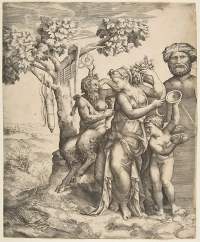 Pan at the left seated next to a standing nymph, to the right Cupid holding cymbals