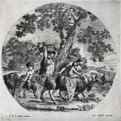 Pan, carrying a basket of grapes, preceded by a woman riding a goat, both followed by a young satyr feeding another goat