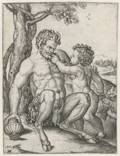 Pan met drinkbeker en Bacchus als kind met druiventros