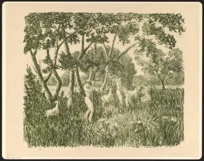 Pan met twee menselijke wezens en dieren in een landschap met verspreide bomen