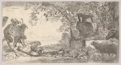 Pan reclining at left with two standing satyrs, a large vase on a pedestal at right