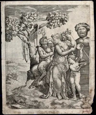 Pan seated next to a nymph who holds a cornucopia with Cupid playing cymbals before a herm