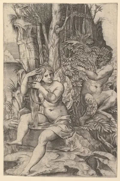 Pan spying of the nymph Syrinx who is seated on a rock, combing her hair