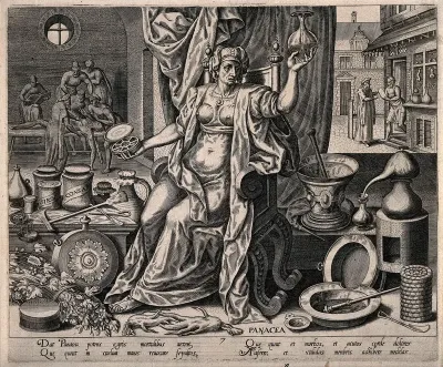 Panacea, daughter of Æsculapius, examining a urine flask and surrounded by medical paraphernalia