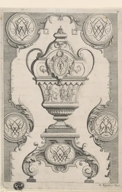 Paneel met tuinvaas met enkele strijders en monogram op de voet en monogrammen in de bovenhoeken en de rand