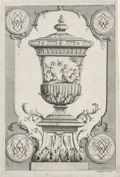 Paneel met tuinvaas met saters en in de hoeken monogrammen