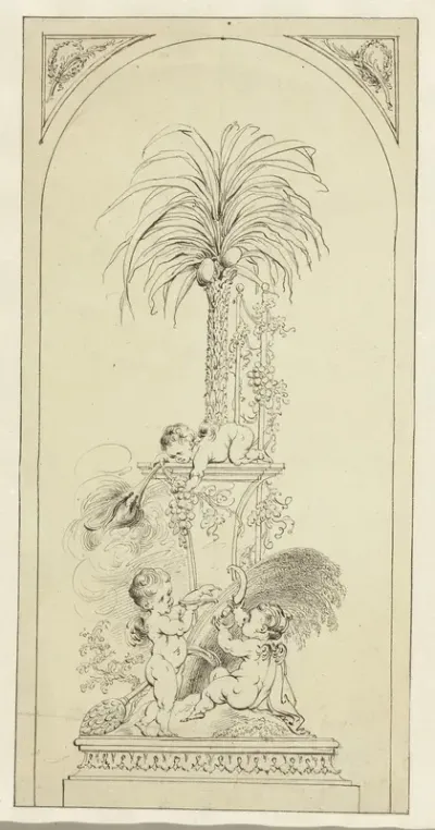 Paneelvulling met drie putti en palmboom