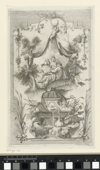Paneelvulling met monument met kreeft en vis