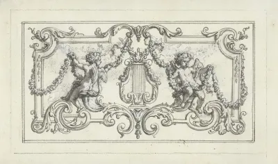Paneelvulling met putti met guirlandes ter weerszijden van een lier