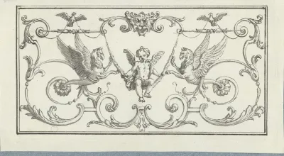 Paneelvulling met schommelende putto tussen hybride dieren