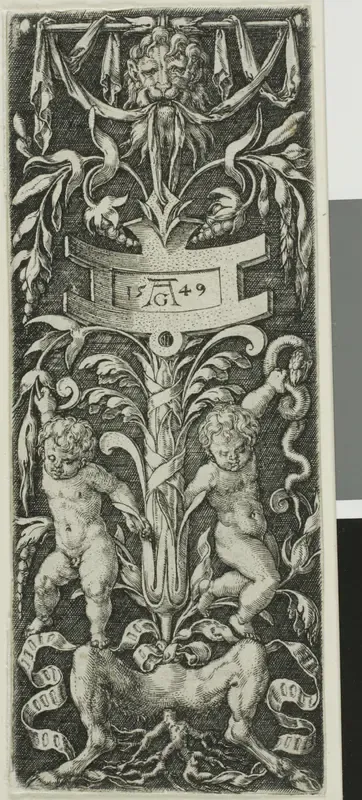 Panel of Ornament with Two Nude Boys Standing on the Legs of a Satyr