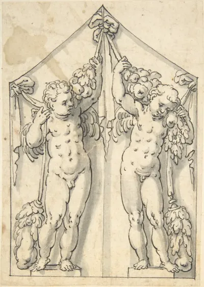 Panel of Shutter Decoration of Two Putti with Garlands