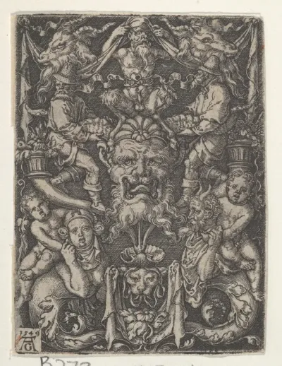 Panel with Grotesque Candelabrum Containing a Mask, a Couple of Tritons and Two Children