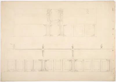 Paneling and Benches (Verso: sketch of a Desk)