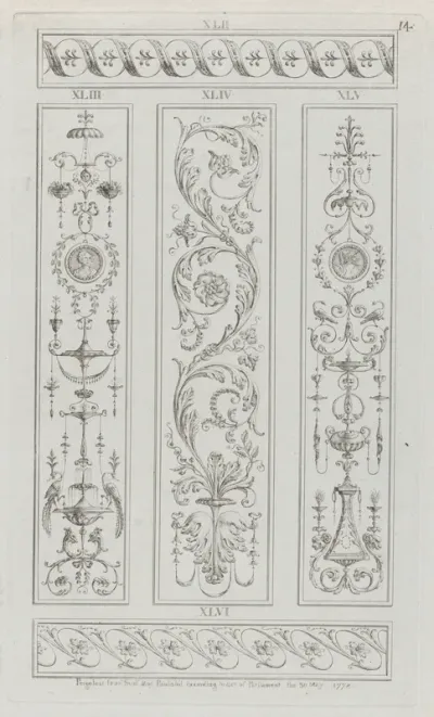 Panels of Ornament, nos. XLII-XLVI, plate 14 from "Designs for Various Ornaments"