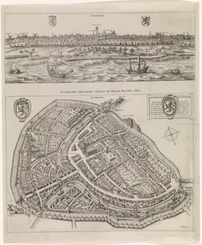 Panorama en plattegrond van Schiedam, 1598