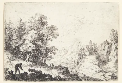 Panorama over bjergrigt landskab, i forgrunden en brændehugger