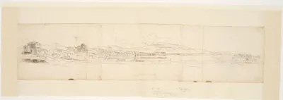 Panorama van de stad en de baai van Anzio en Nettuno / Verso: Schetsen van Anzio, een fontein en een boot