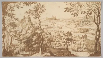 Panoramic Landscape with a Mill, a Castle and Mountains