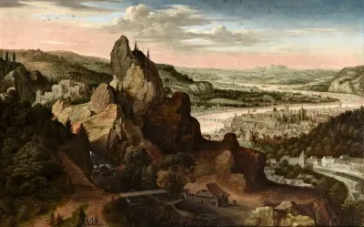 Panoramic Mountain Landscape, with a City, possibly Frankfurt, beyond