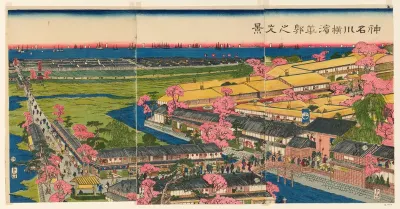 Panoramic View of the Pleasure Quarters in Yokohama, Kanagawa (Kanagawa Yokohama hanakuruwa no kokei)