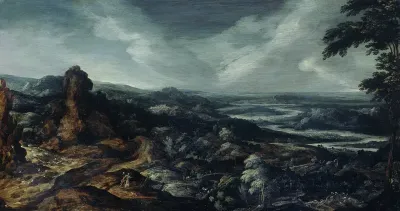 Panoramisch landschap met Tobias en de engel