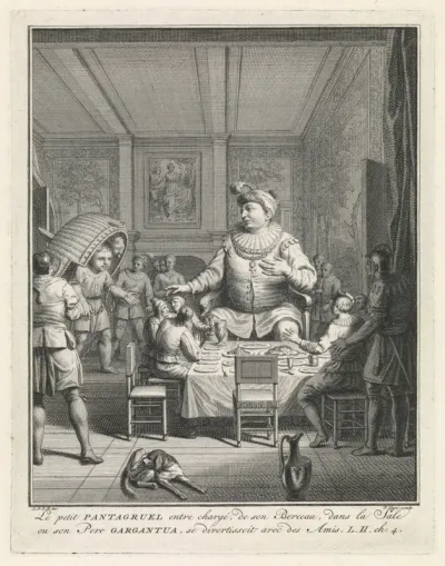 Pantagruel betreedt de zaal waar zijn vader Gargantua aan tafel zit