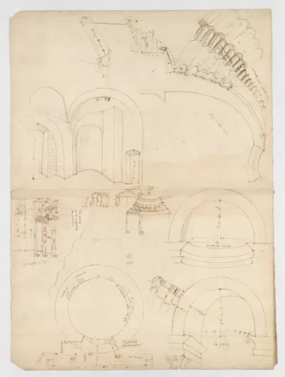 Pantheon, dome, section details; alcove, section and details (recto) Pantheon, rotonda, upper order, elevation and details (verso)