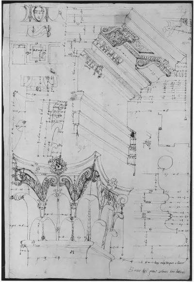 Pantheon, entablature and column pilaster capital, projection; rosette, details; capital profile; base, profile; pilaster, plan (recto) Pantheon, rectangular niche, perspective (verso)