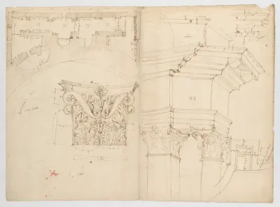 Pantheon, perspective elevation, partial plans, Corinthian pilaster capital and alcove details (recto) Pantheon, perspective sections, alcove elevations, partial plans (verso)