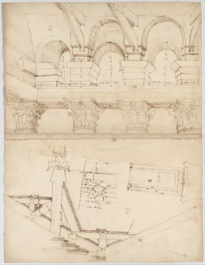 Pantheon, portico,  plan (recto) Pantheon, portico, details and perspective (verso)