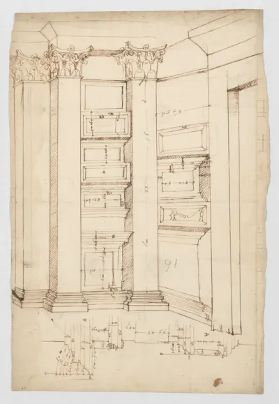 Pantheon, vestibule, perspective; panel moulding, profiles (recto) Pantheon, rectangular niche, plan; half round niche, plan (verso)