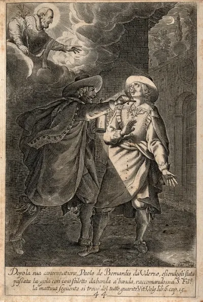 Paolo de Bernardis da Uderzo is attacked by a man who stabs his throat with a dagger: he recovers through the intercession of Saint Philip Neri