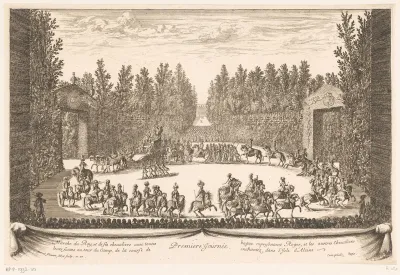 Parade van koning Lodewijk XIV en hoflieden te paard tijdens de feestelijkheden op Versailles