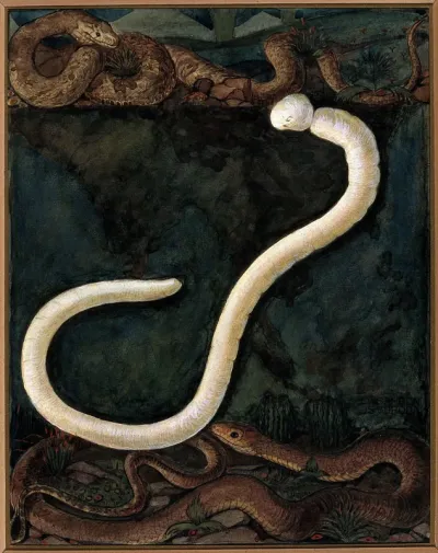 Parasites: a parasitical worm, shown much enlarged, with its hosts