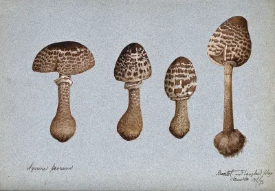 Parasol mushrooms (Lepiota procera): four fruiting bodies