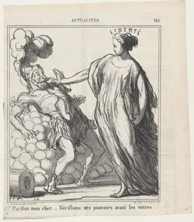 Pardon my friend..... let's verify my powers before yours!, from 'News of the day,' published in Le Charivari, July 16, 1869
