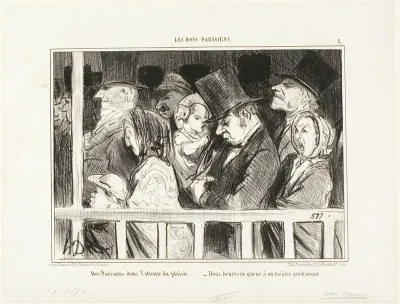 Parisians looking forward to some fun. Queuing up for two hours in front of any theater in town, plate 1 from Les Bons Parisiens