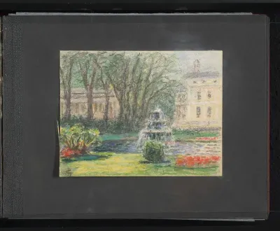 Park met bomen, bloemen en vijver met fontein