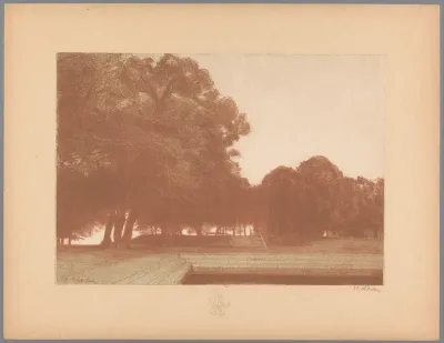 Park met bomen, vijver en terras